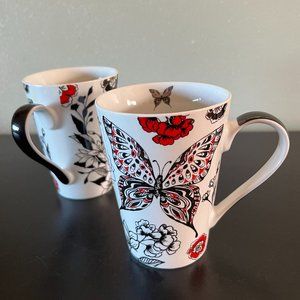 Set of 2 Konitz Germany Porcelain Butterfly Floral Mugs Black Red White Cups